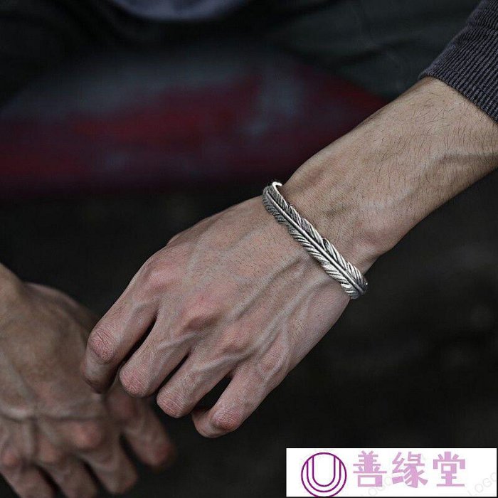 手錬男生手環999純銀足銀羽毛手鐲男款男女復古做舊寬版開口手鏈