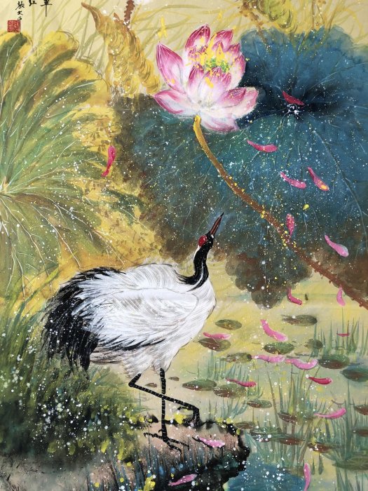Z380【張大千】荷花，四尺豎幅純手繪作品尺寸約：137*70厘米未裝裱，帶