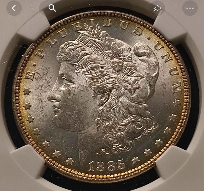 1885年美國摩根銀幣P版NGC-MS63，直徑38.1mm，重26.73g，90%銀。正