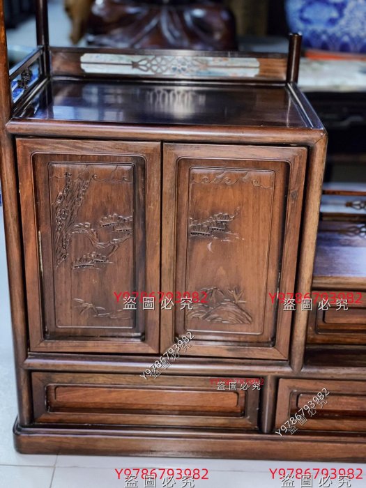 日本回流老紅木家具茶室茶道具紅酸枝茶棚多寶閣茶柜。 品相完整、面板