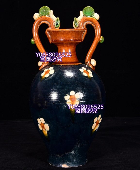中国古美術 唐時代 贵妃双龍頭三彩瓶 時代物 Y04三彩双