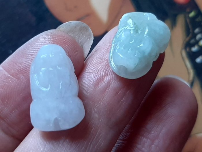 翡翠 白+綠 小貔貅一對/天然緬甸玉 DIY墬子 項鍊 手鍊