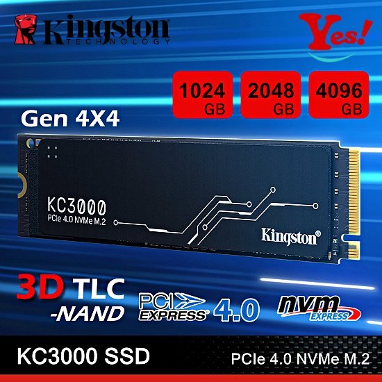 【Yes！公司貨】Kingston 金士頓 KC3000 4096GB 4T PCIe 4.0 M.2 SSD 固態硬碟