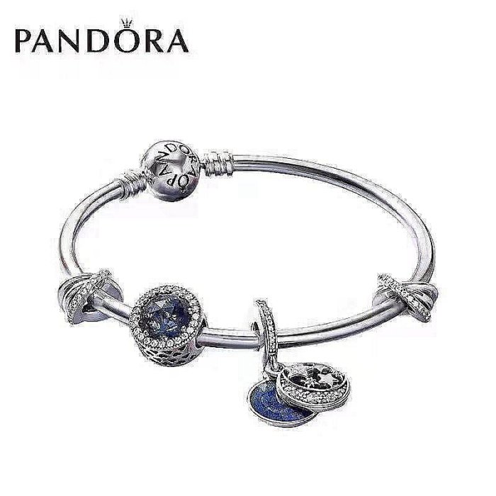 精選二手PANDORA 潘朵拉 925純銀 手鍊+4顆珠 藍色珠 月星空 氣質典雅 成品鍊
