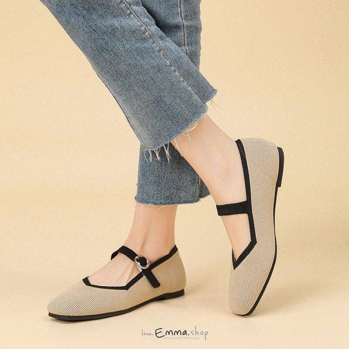 精選好物限時限量10雙$699-EmmaShop艾購物-韓國同步上新-韓系撞色針織瑪莉珍平底鞋｜方頭包鞋 透氣針織 平底單鞋 舒適百搭 35-43原售價890