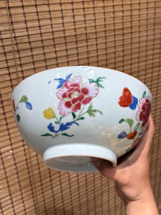 嚴選清雍正粉彩花卉紋大碗直徑22.8cm 完整品相內口稍有脫彩小雞相伴粉