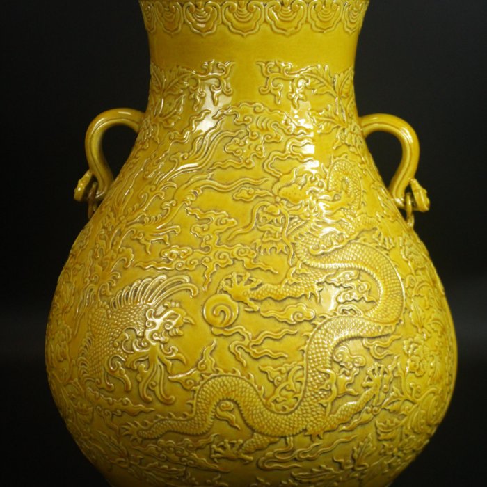 中国 骨董品 【大明成化年製 】黄交趾 龍鳳文 吉祥如意耳 壺 753f974e-1826-46f8-87e5-