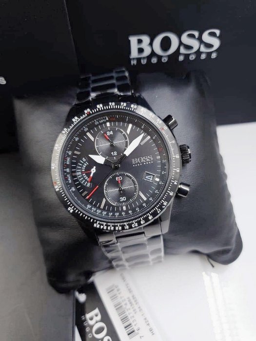 HUGO BOSS Aero 黑色錶盤黑色不鏽鋼錶帶石英三眼計時男士手錶1513771