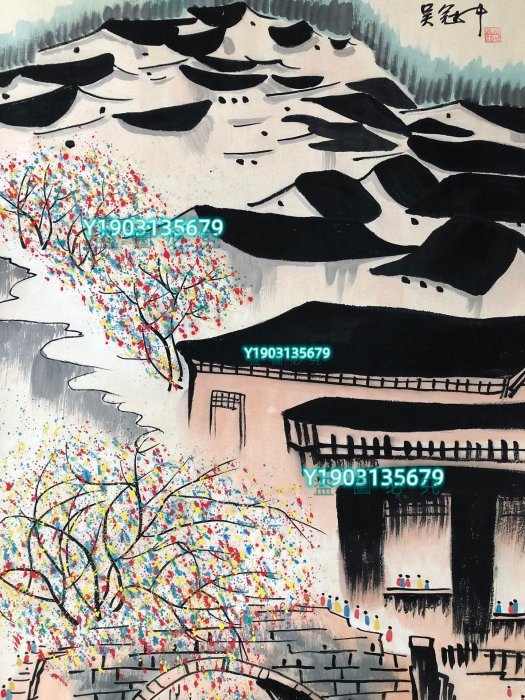 PA104【吳冠中】風景，四尺扇面精裱純手繪中堂畫，裝裱尺寸