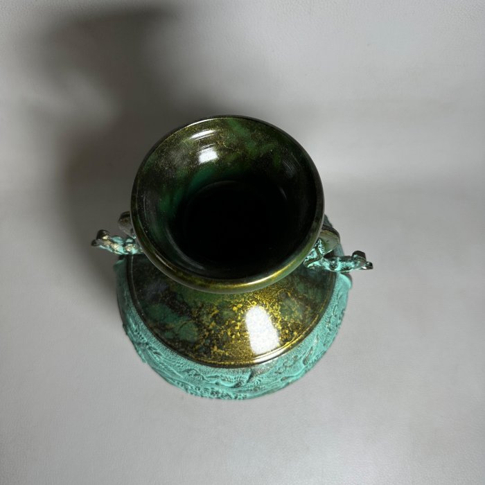 古玩輕鬆拍】老日本高岡銅器金工師龍仙作螭耳浪鶴雕青銅花瓶/鑄銅花器