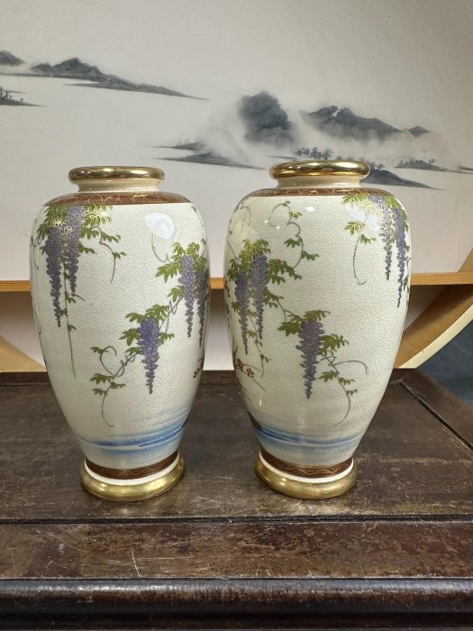 日本回流薩摩燒神戶薩摩湊光金彩花鳥紋花瓶花入擺件品牌：神戶薩摩湊光