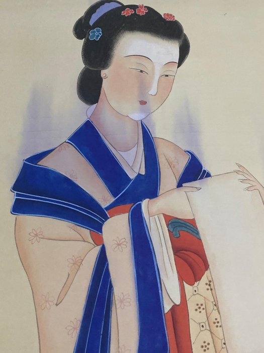 編號KAN2一120四尺帶信郵票中堂畫張大千仕女畫純手繪一圖—物裱好【古物