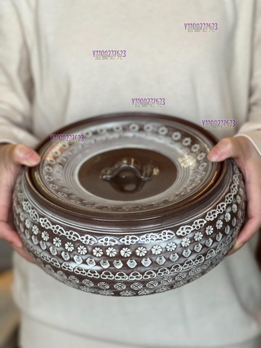 日本三島手手作雕刻紋大水水指建水陶器古美術作品收藏茶罐陶瓷帶蓋刀刻