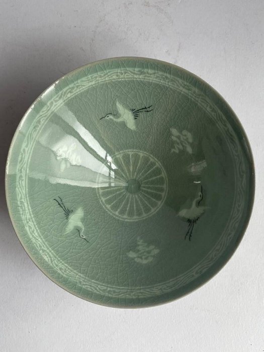 真品現貨】韓國名家抹林窯李奇休（玄）作高麗青瓷鑲嵌雲鶴紋茶碗附原裝