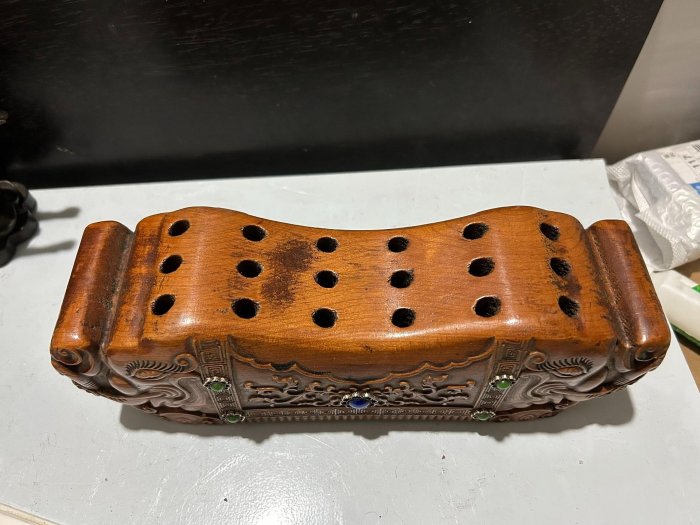 珍品舊藏老黃楊木手做木枕老式頸椎枕熏枕實木雕刻雙面雙頭象熏頸枕古樸