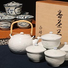 4/30結標日本西峰窯煎茶器白瓷急須附蓋盅染付五客共箱AED0828 -茶道具