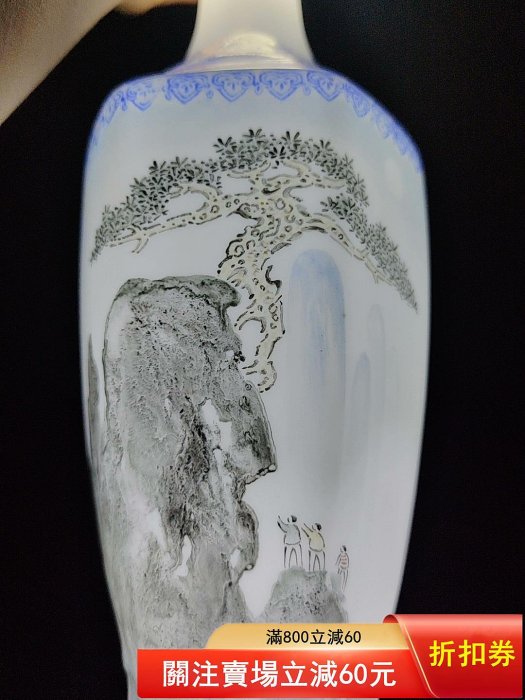 景德鎮567粉彩王錫良手工手繪薄胎蛋殼瓷山水人物粉彩六方花瓶，高舊藏
