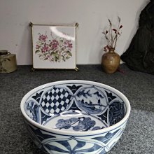 日本玄昌窯嚴選青花大碗，口徑15公分深8.3公分，開窗式山水人物圖案