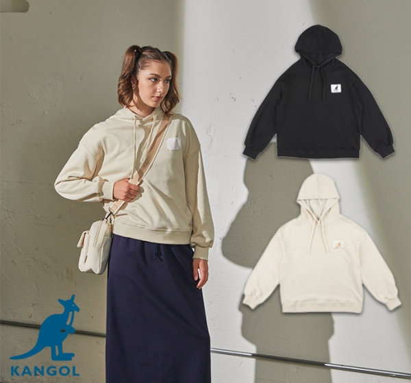KANGOL 帽T 米白 黑 拼布LOGO 長袖 連帽T 女 63521050-