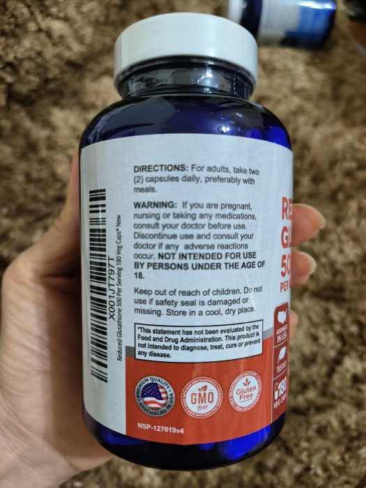 美國NusaPure L-Glutathione 還原型穀胱甘肽500毫克180粒(90天) 素食膠囊(100%素食、 非轉基因和無麩質)