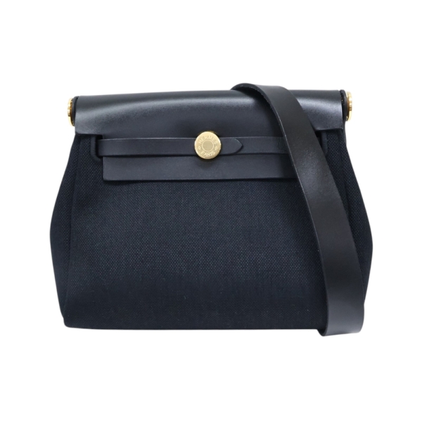 HERMES 愛馬仕 黑色 牛皮/帆布 Herbag Zip 20 Mini 肩背包 W刻 金釦 【二手名牌BRAND OFF】