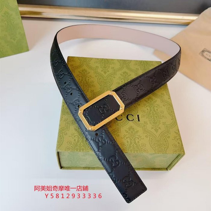 二手精品 GUCCI 古馳 Signature 黑色 皮帶 腰帶  3.5CM 男士皮帶