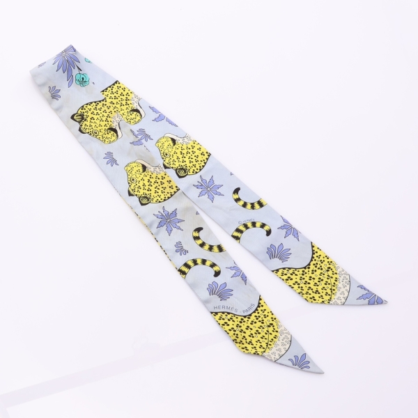 HERMES 愛馬仕 藍色 絲綢 Twilly Scarf Jaguar Motif 絲巾 【二手名牌BRAND OFF】