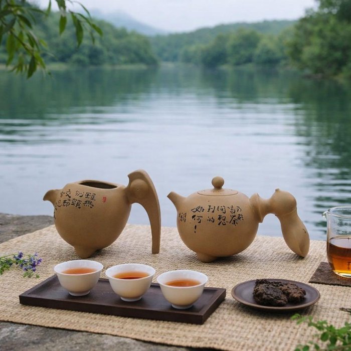 黑面琵鷺造型段泥茶壺、茶海，官鋒忠老師早期佳作，約300cc，造型仿琵
