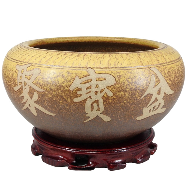 吉祥開運坊】陶瓷聚寶盆【聚財手拉坯陶瓷聚寶盆附五色石元寶招財符實木