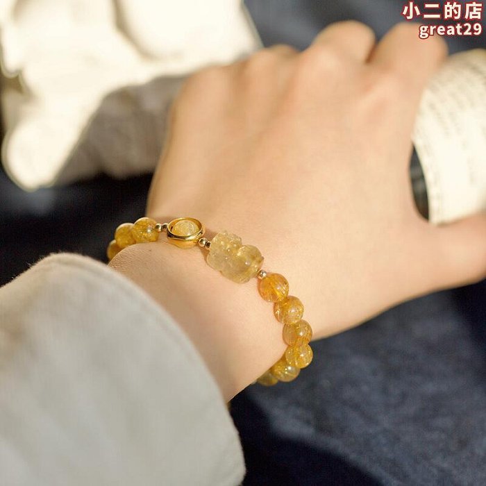 【熱銷】天然金發晶手錬女生鈦晶貔貅招財轉運黃髮晶髮絲巴西真黃水晶手串