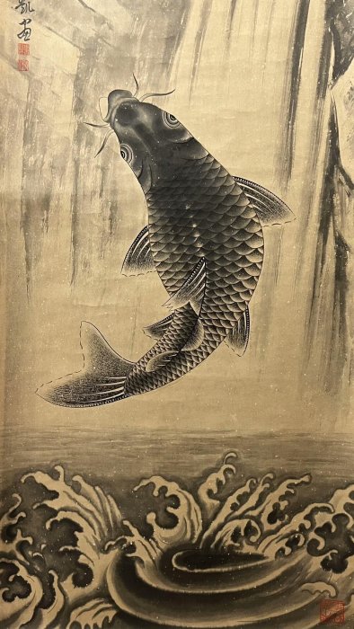 推薦】張善凱《飛瀑魚樂圖》手繪精品A2167 藝術力作深澤印款神秘雲林