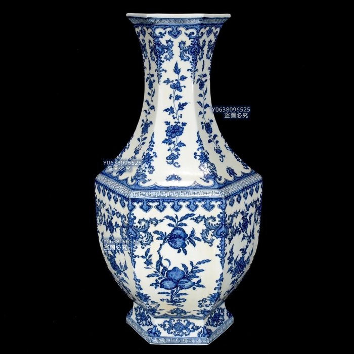 清乾隆青花三果紋六方瓶65.5×31，5000303 青花琺瑯彩五彩二手【古雲