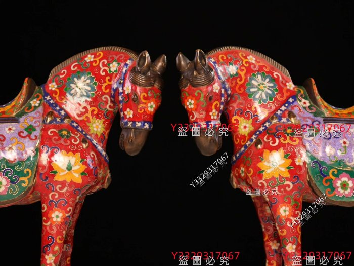 精品収蔵・銅製・金鍍・景泰藍・琺瑯彩・寶石嵌・駿馬】・置物・古賞物