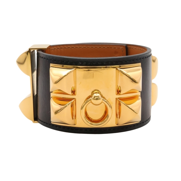 HERMES 愛馬仕 Collier De Chien CDC 手環 Box牛皮 黑色 金釦 □R刻 H068440CC 【二手名牌BRAND OFF】