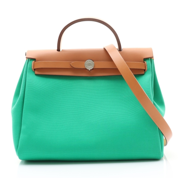 HERMES 愛馬仕 Herbag Zip 31 兩用包 薄荷綠/阿茲特克藍色 帆布 Vache Hunter牛皮 Z刻 【二手名牌BRAND OFF】
