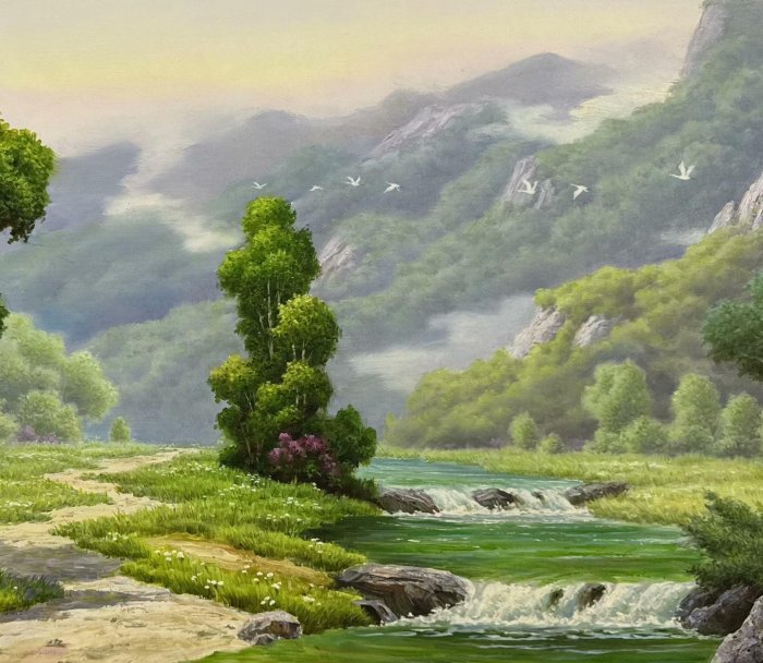 朝鮮油畫山水風景118×65厘米純手繪畫面描繪山間小路溪流潺潺遠處群山