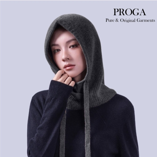 PROGA PRG25027 Cashmere羊絨美麗諾羊毛混紡 套頭連帽針織圍巾 抽繩設計 厚暖款(5色) 透氣保暖 柔軟親膚