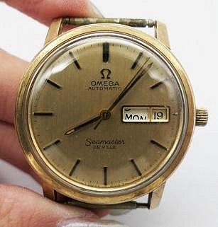 (小蔡二手挖寶網) 瑞士製OMEGA歐米茄 海馬系列 1020機芯 1970年 金面 日期顯示 星期要整理 自動上鍊 機械錶 有行走 商品如圖 1元起標 無底價