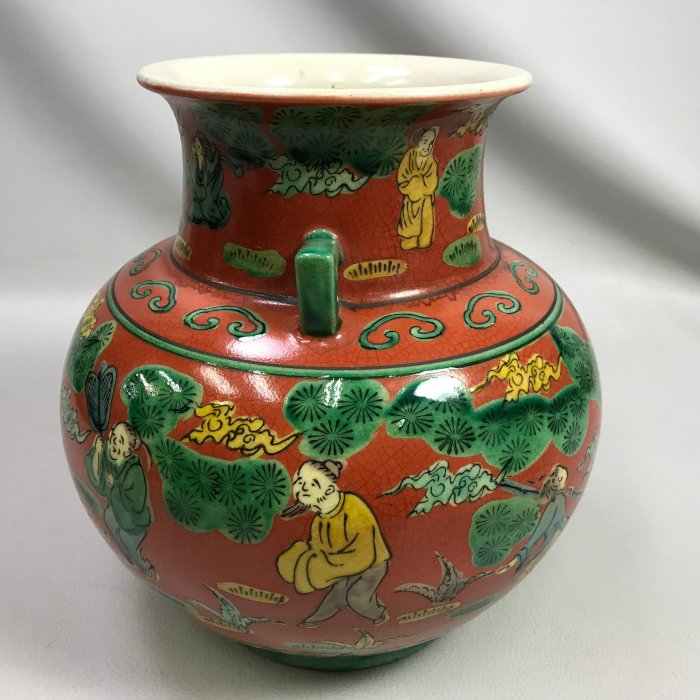 九谷焼 木米 花瓶 耳付き 骨董品 花生 花器 老人 色絵28cm 九谷焼 木米 花瓶 耳付き 骨董品 花生 花器 老人 色絵28cm
