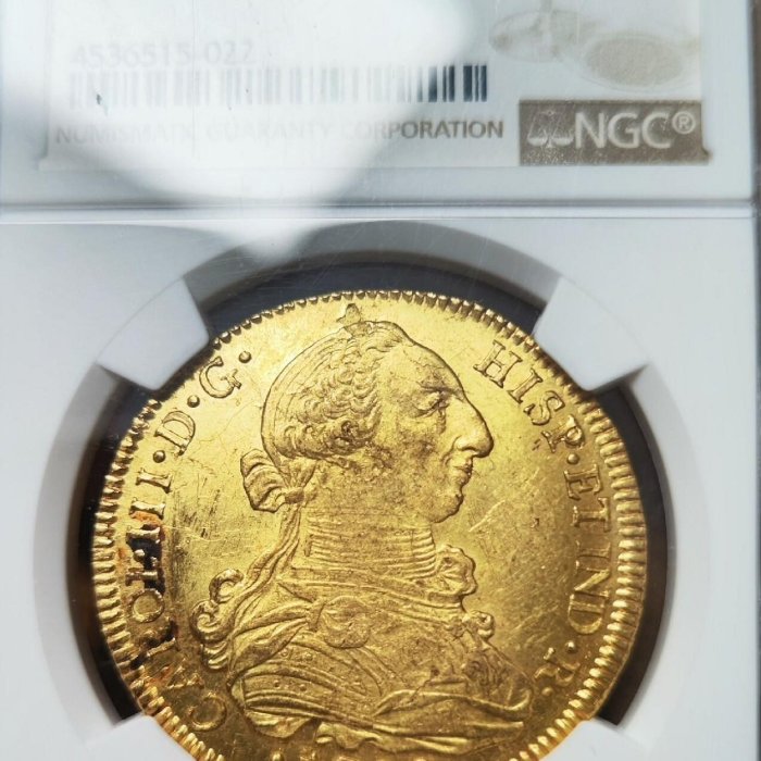 貨幣　金貨 嚴選1788年產自圣地亞哥的西屬智利金幣，重8埃斯庫多，經NGC高分評級MS