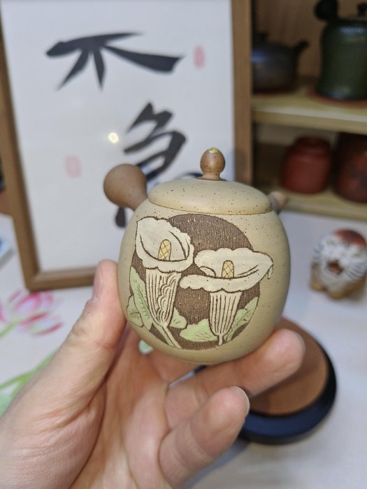 日本常滑燒朱泥伊藤成二甚秋甚秋陶苑手工壺雕刻壺側把急須側把壺