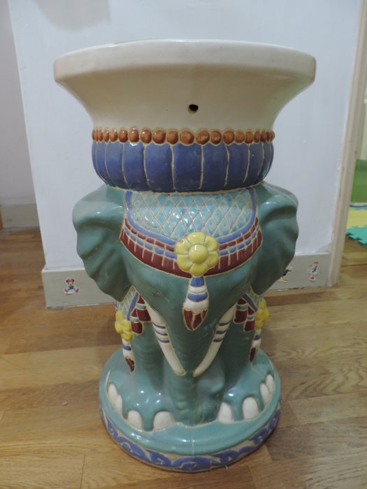 早期收藏~中國風唐三彩手繪綠釉彩陶瓷器大象瓷凳椅囍字圓檯面平穩腳座