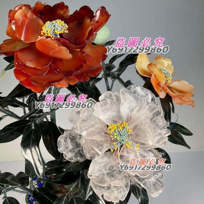 6500 創匯時期景泰藍玉石盆景花品相如圖描述高35厘米瑪瑙水晶岫玉雕刻