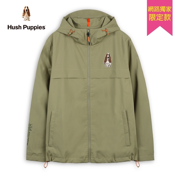 Hush Puppies 外套 男裝素色防風防潑水刺繡狗連帽外套