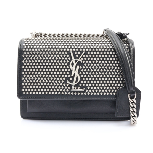 SAINT LAURENT YSL 聖羅蘭 Sunset Crossbody 鏈帶 肩背包 黑色 牛皮 鉚釘 470427 【二手名牌BRAND OFF】