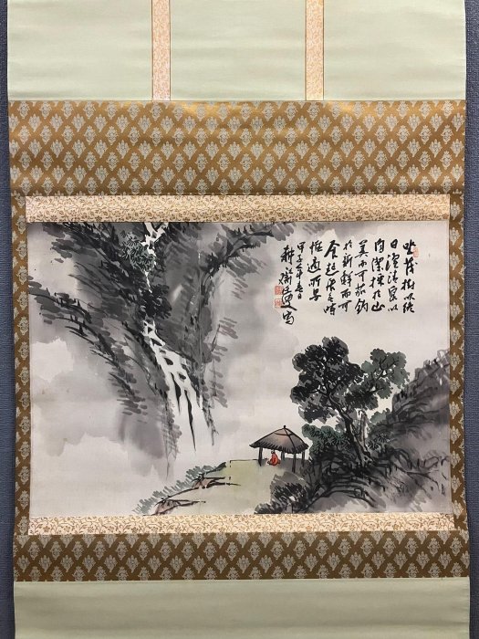 安藤耕齋民國時期富岡鐵齋門人文人畫茶掛《高士觀瀑圖》國畫書法古玩