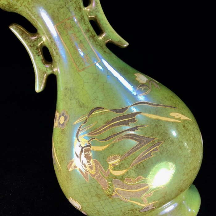 傳世包漿宋官窯彩繪飛天圖紋雙耳盤口瓶13×23.5厘米【天下收藏