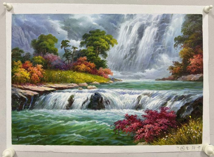 純手繪油畫山水風景畫尺寸54×37 畫面精美瀑布飛流直下山間小溪潺潺色彩