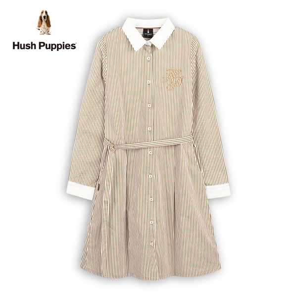 Hush Puppies 洋裝 女裝簡約HP配色細直條紋腰綁帶襯衫領洋裝