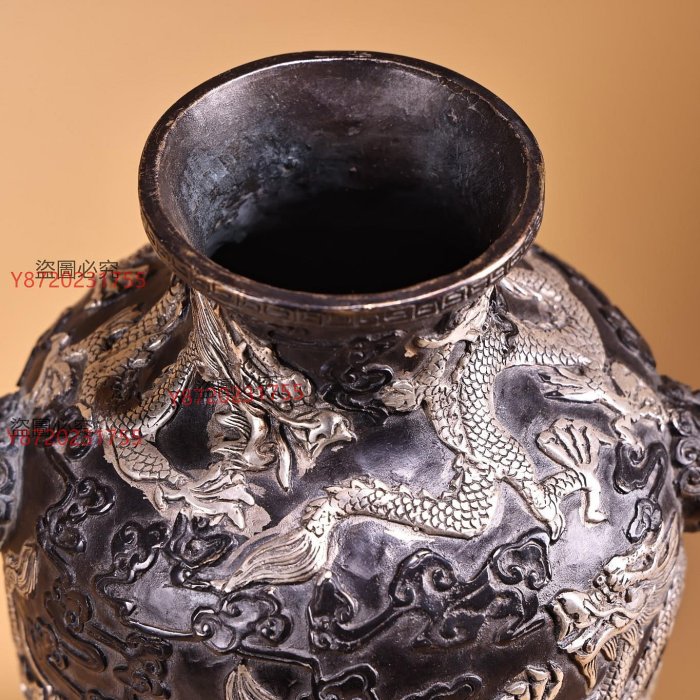 中国古美術・旧蔵・純銅鎏銀盤龍の花瓶・鏨刻・置物・純手彫り・禮品